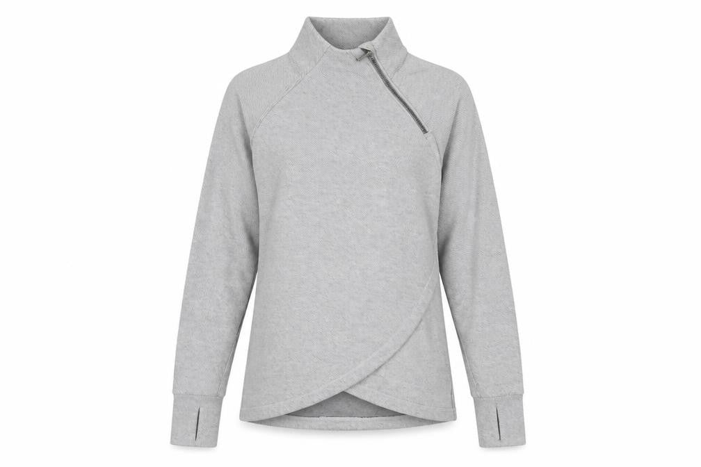 Front view of Kyodan women’s grey polyester pullover sweatshirt, size S, zip