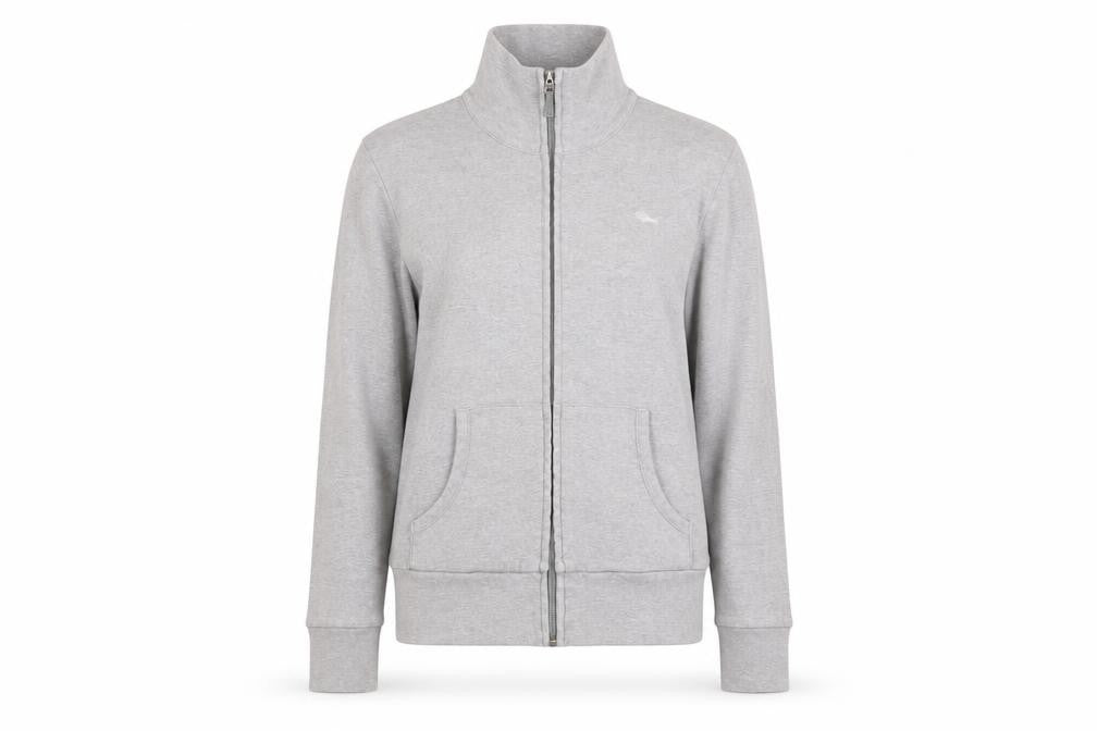 Front view of Roots women’s grey cotton full zip sweatshirt, size S, zip