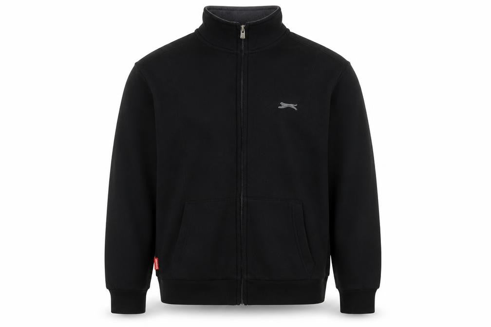 Front view of Slazenger boys’ black polyester full zip sweatshirt, size 13, years zip