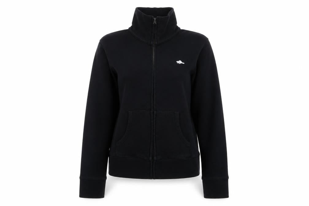 Front view of Roots women’s black cotton full zip sweatshirt, size XS, zip