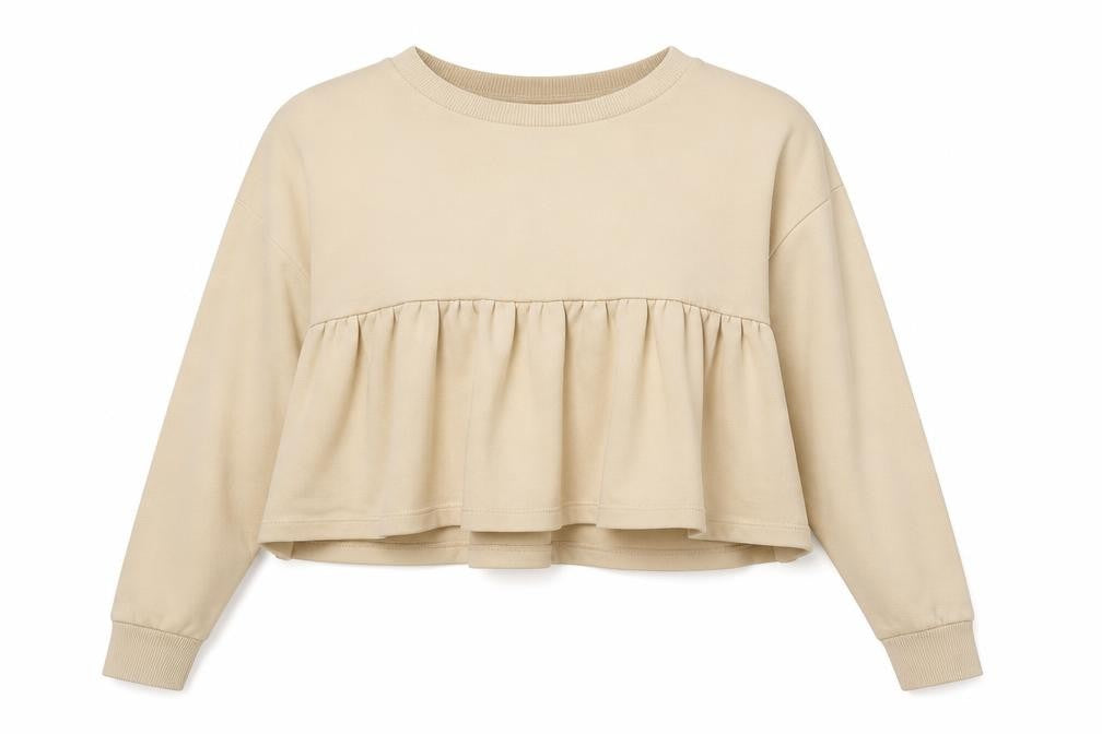 Front view of Zara women’s beige cotton pullover sweatshirt, size M, pullover