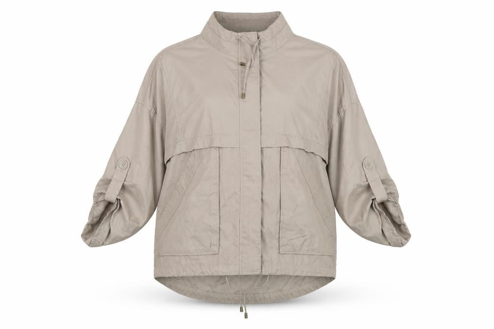 Front view of Debenhams women’s beige jacket, size UK 18, zip