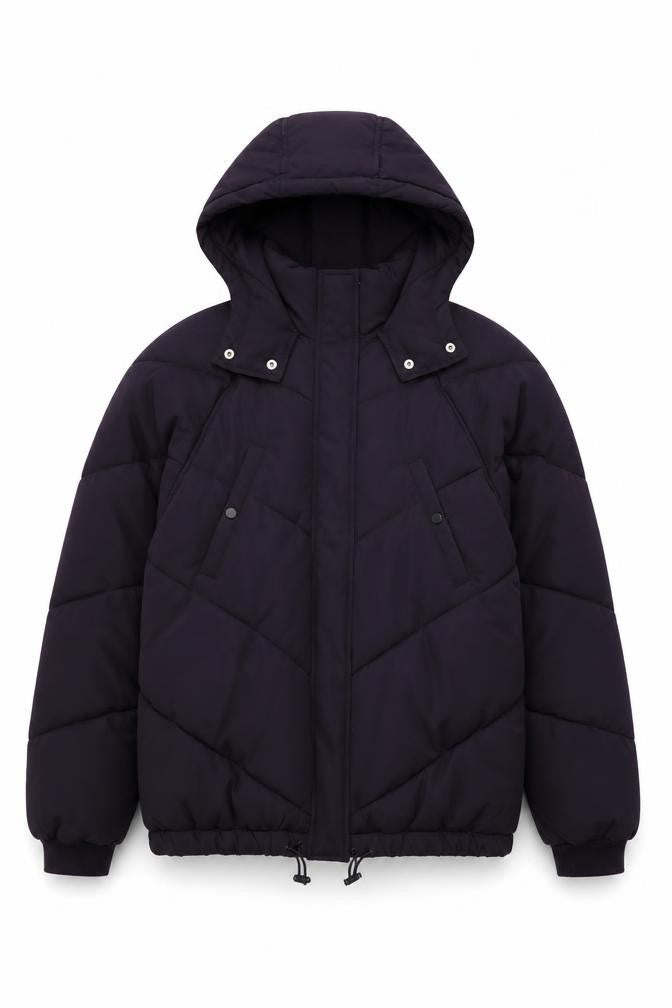 Front view of H&M women’s purple puffer jacket jacket, size UK 8, zip