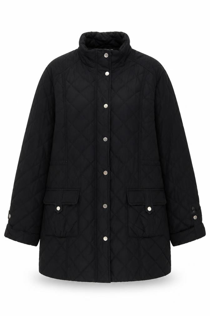Front view of Country Casuals women’s black quilted jacket, size L, zip