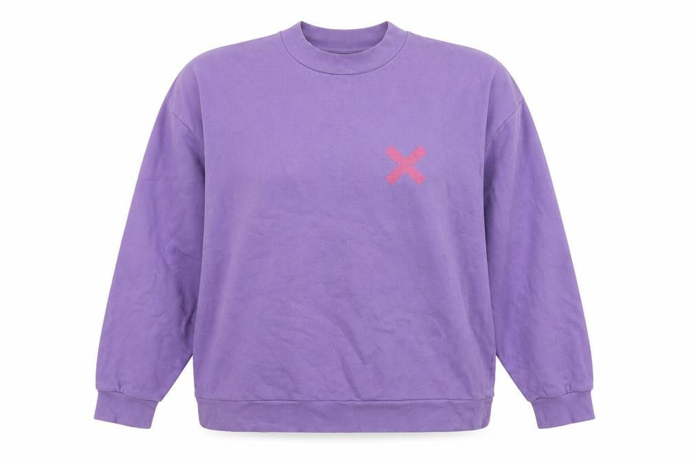 Front view of Collusion women’s purple cotton pullover sweatshirt, size XL, pullover