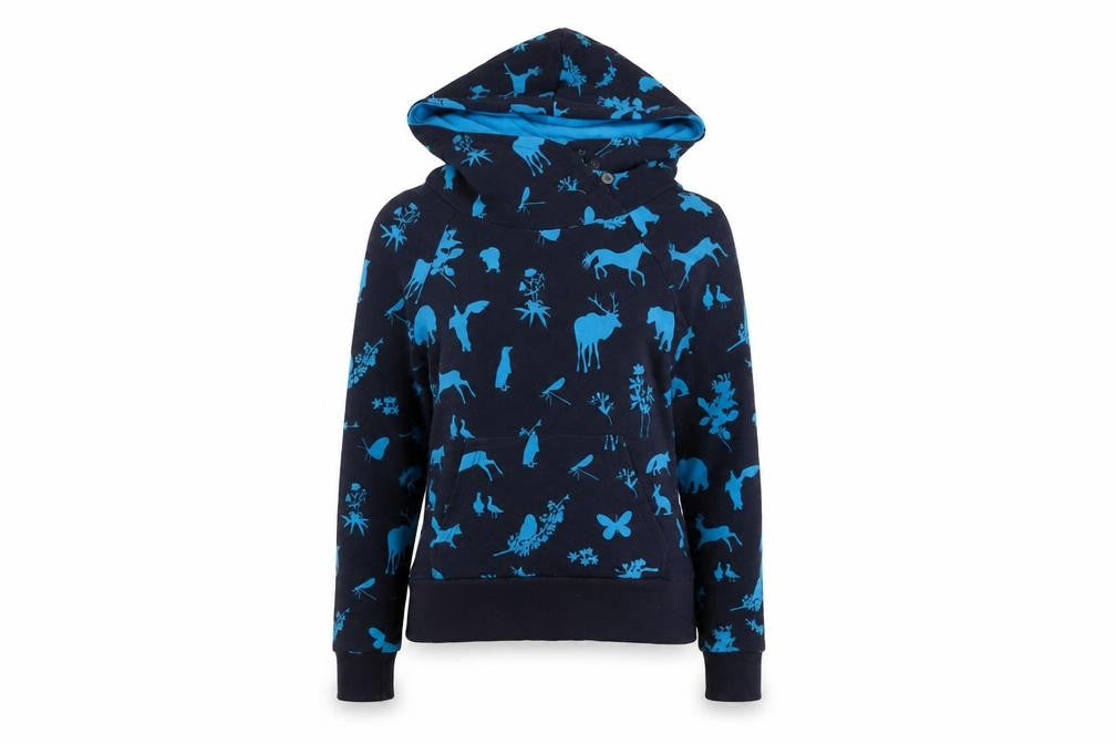 Front view of H&M women’s blue geometric cotton pullover hoodie, size UK 8, pullover