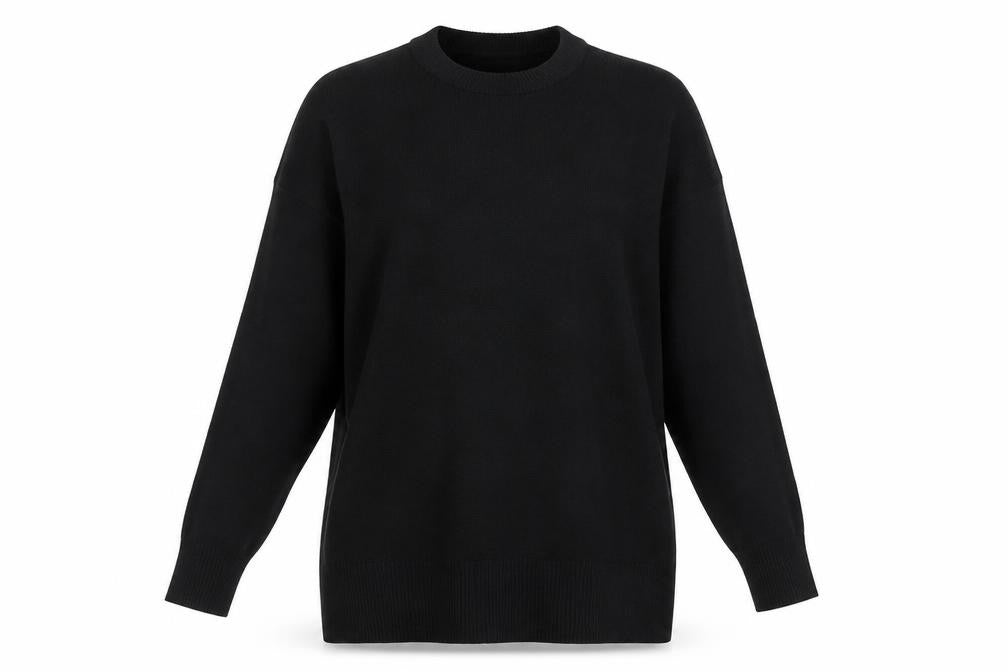 Front view of La Redoute women’s black crew neck acrylic jumper, size M