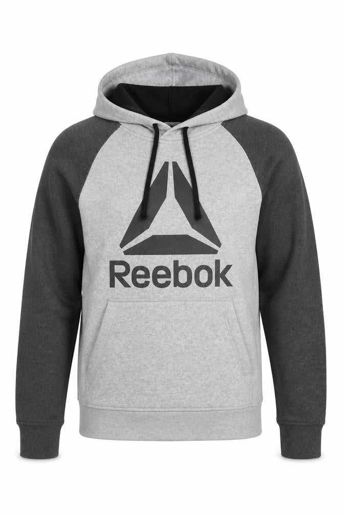 Front view of Reebok men’s grey cotton pullover hoodie, size S