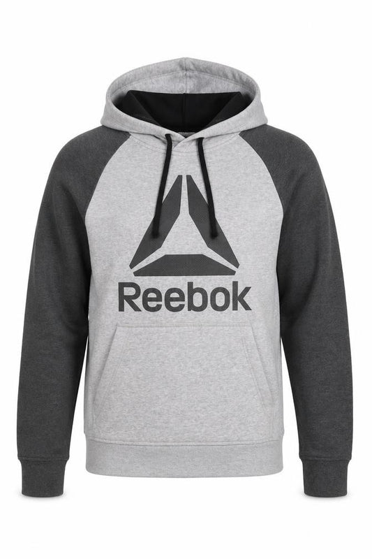 Front view of Reebok men’s grey cotton pullover hoodie, size S