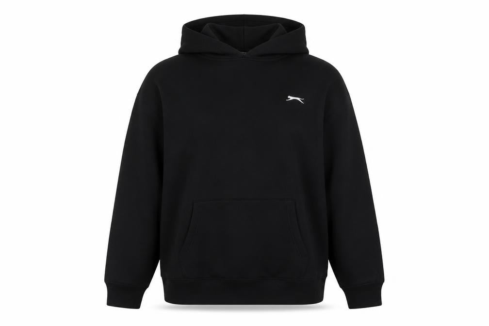 Front view of Slazenger women’s black polyester pullover hoodie, size UK 14, pullover