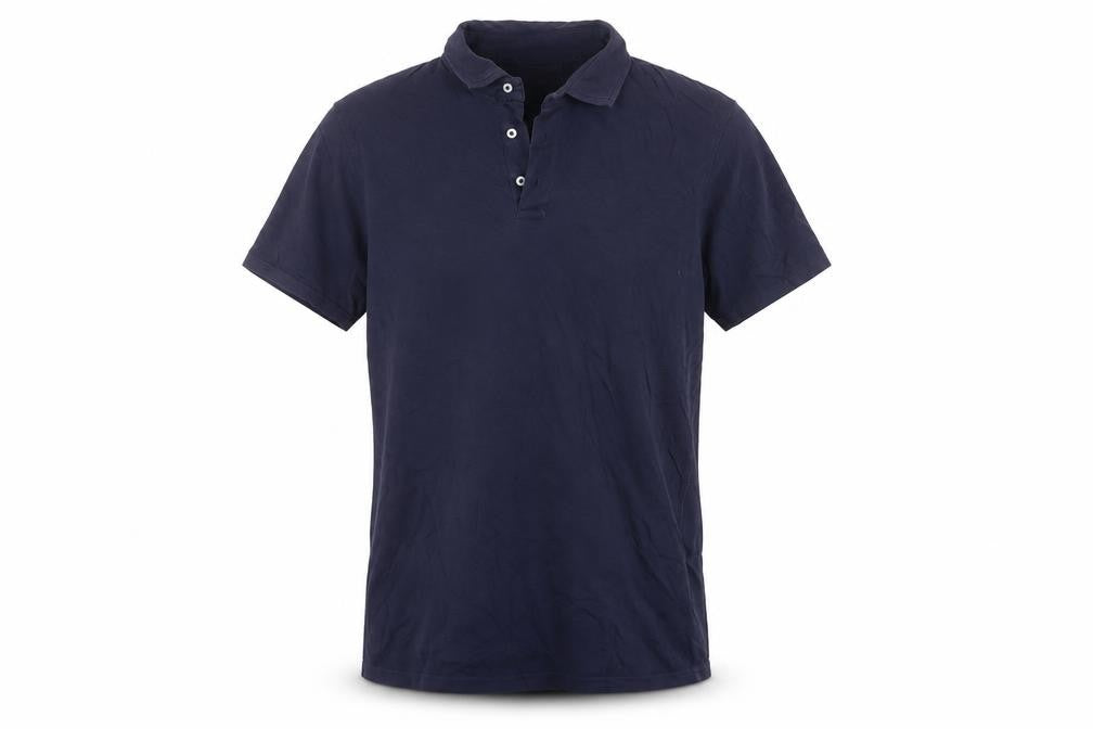 Front view of Bruun & Stengade men’s blue cotton polo, size M, collared button
