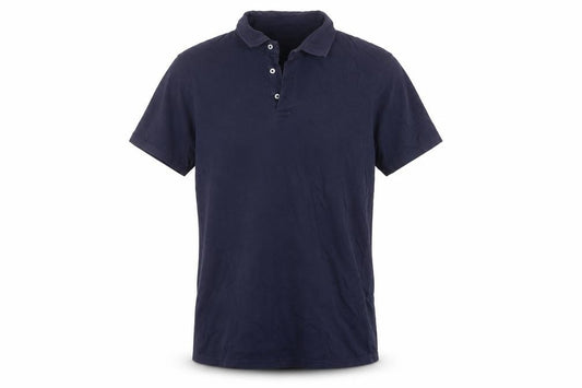 Front view of Bruun & Stengade men’s blue cotton polo, size M, collared button