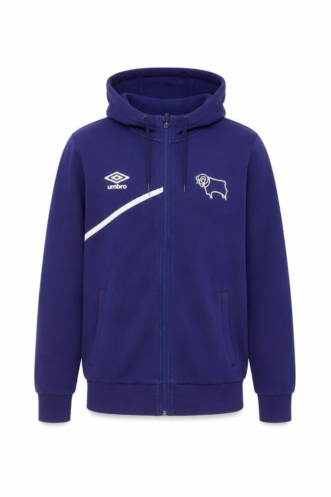 Front view of Umbro men’s blue cotton full zip hoodie, size S