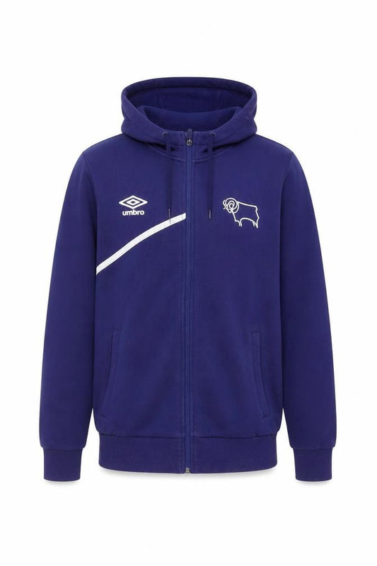 Front view of Umbro men’s blue cotton full zip hoodie, size S