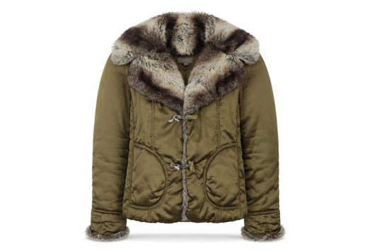 Front view of Kenar women’s green jacket, size UK 12, toggle
