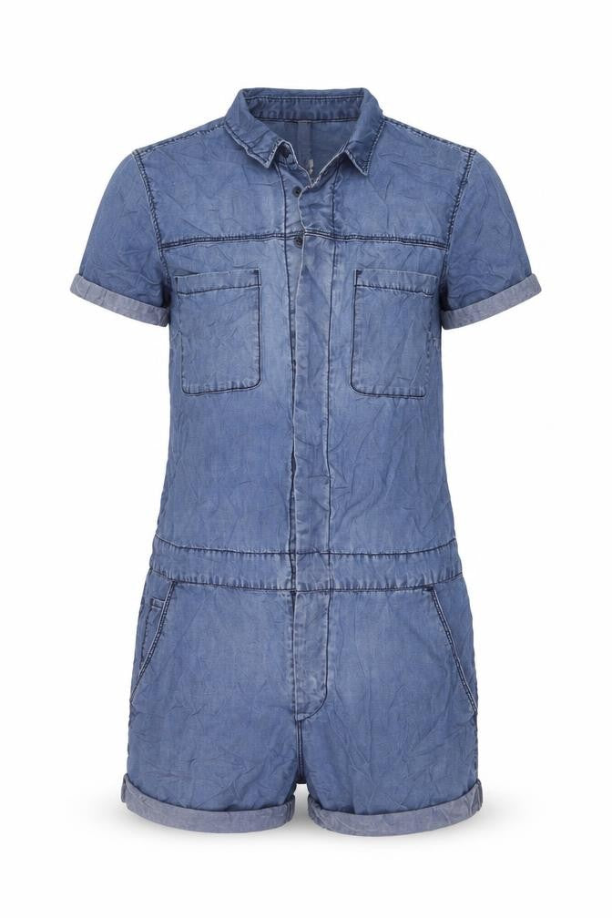 Front view of H&M women’s blue lyocell playsuit one-piece, size UK 8, button