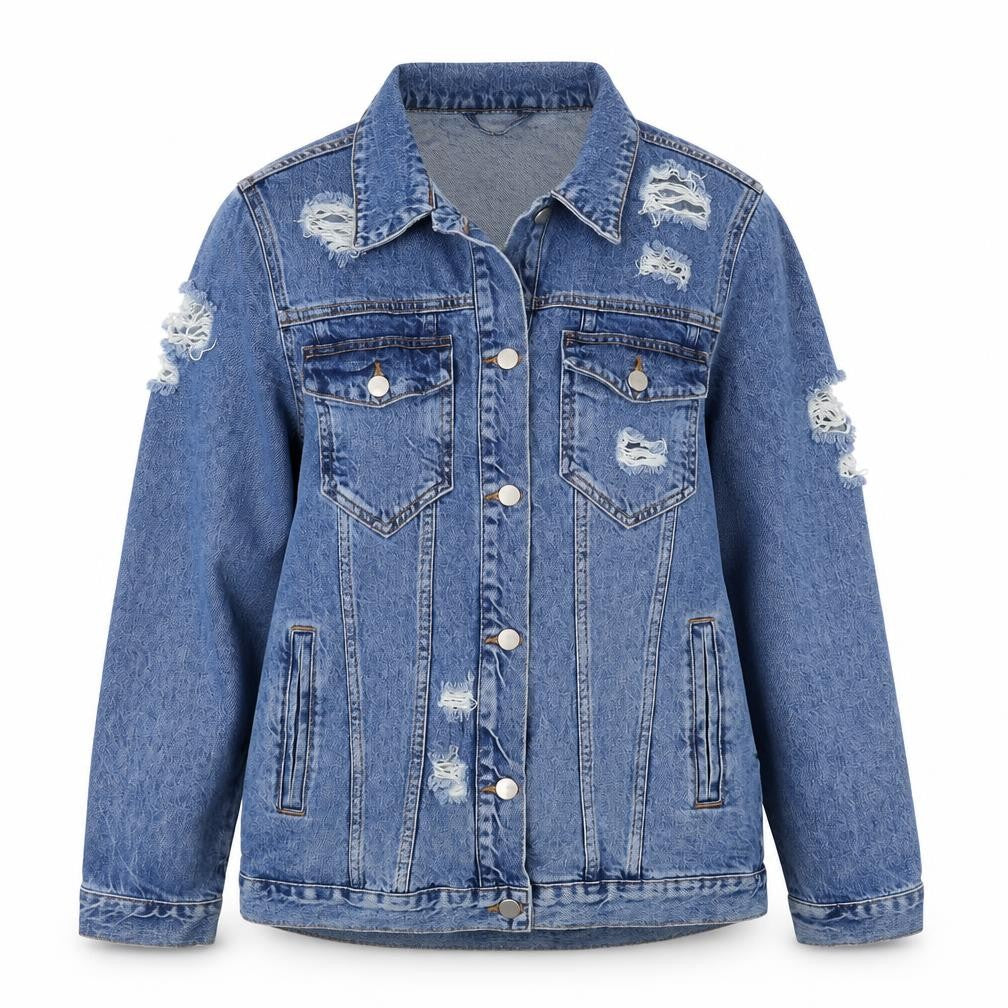Front view of Denim & Co. women’s blue jacket, size UK 10, button