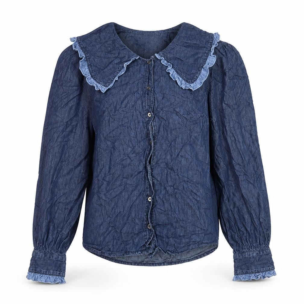 Front view of Dorothy Perkins women’s blue cotton basic button-up, size UK 12, collared