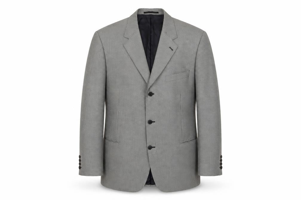 Front view of Jonathan Chrles men’s black geometric wool jacket suit jacket, size 50, regular