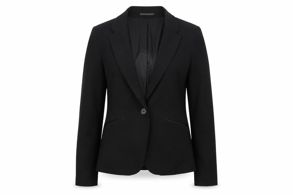Front view of H&M women’s black jacket, size UK 8, button