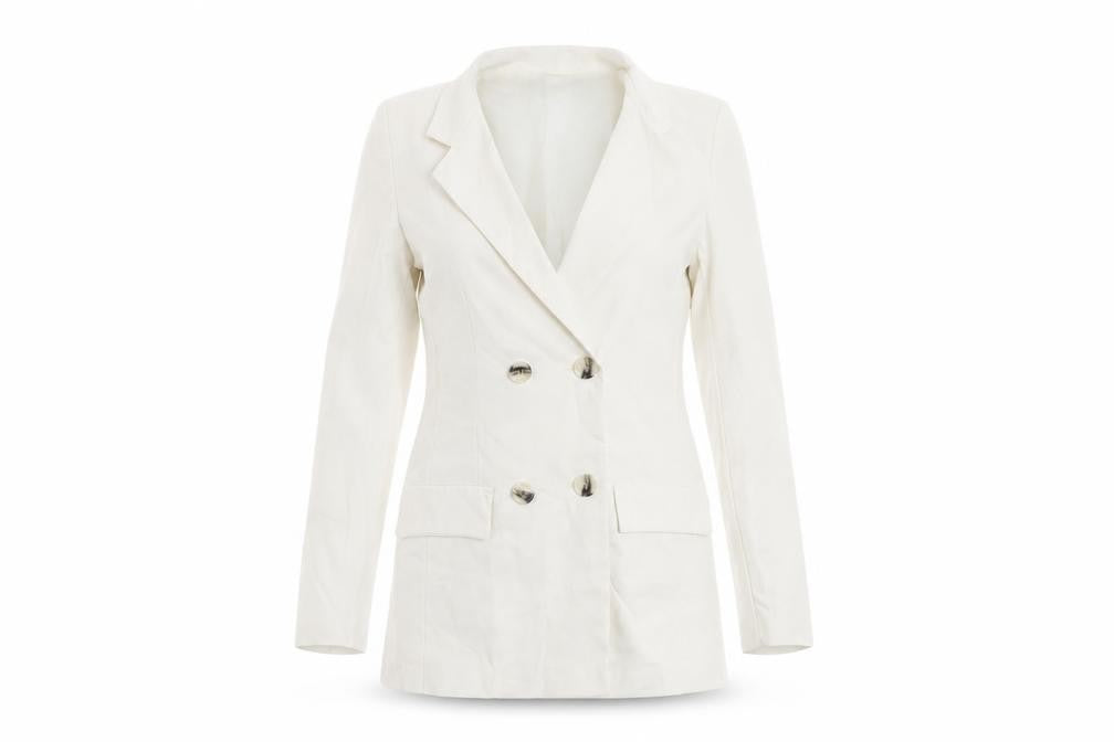 Front view of Boohoo women’s white jacket, size UK 8, button