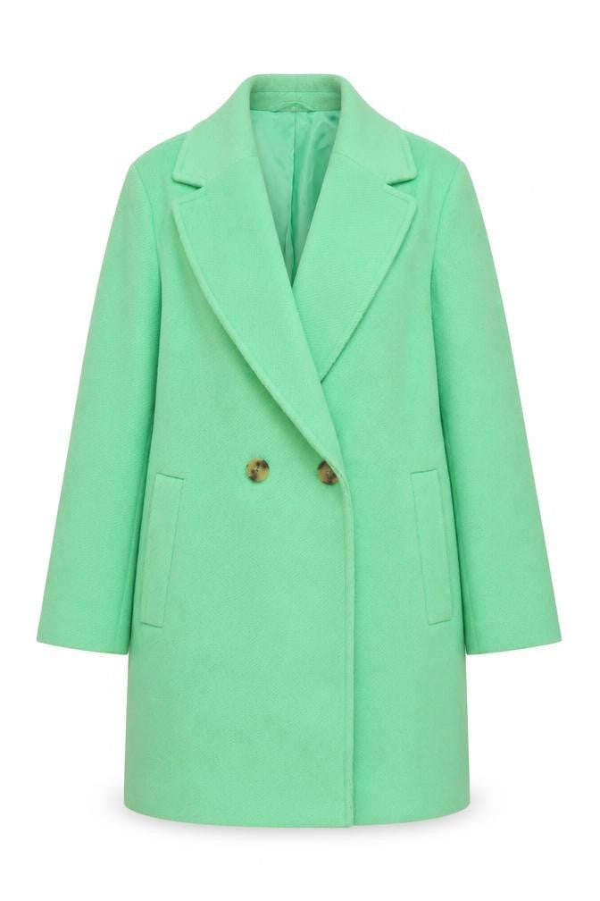 Front view of Marks & Spencer women’s green overcoat coat, size UK 8, button