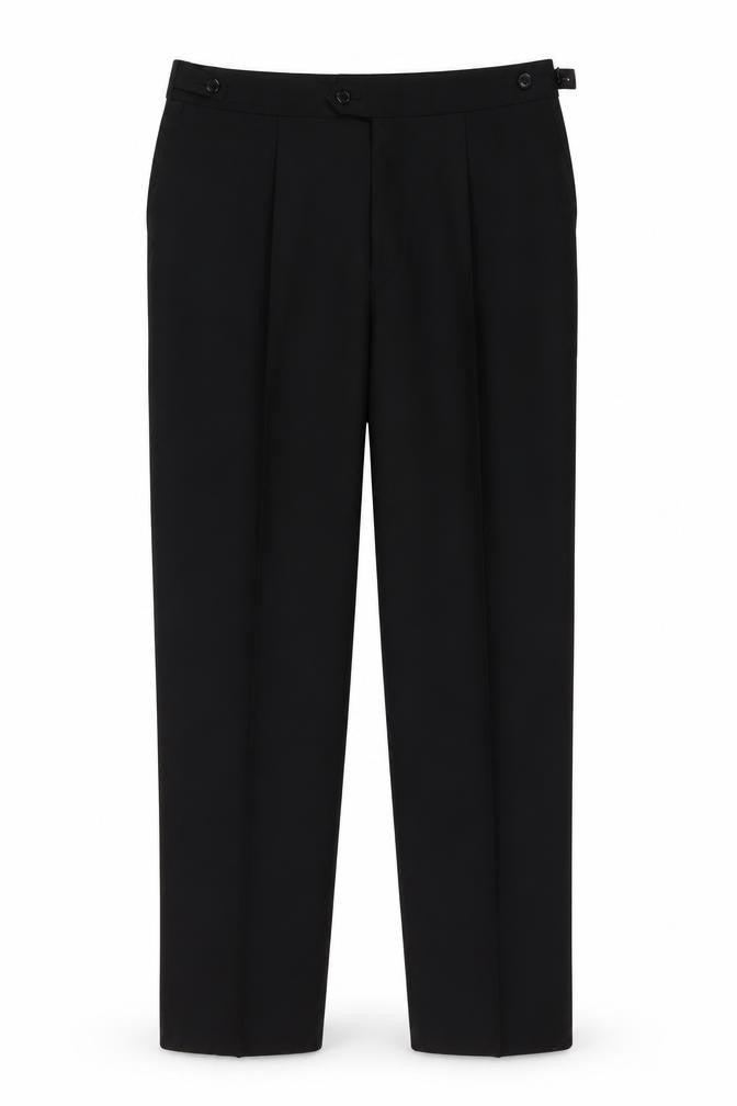 Front view of Brook men’s black polyester trousers, size 38, in, 31-inch leg regular button