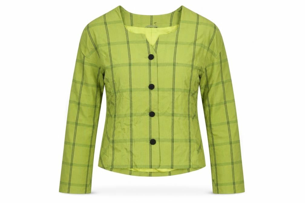 Front view of Homlles women’s green plaid jacket, size UK 8, button