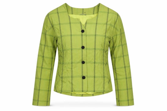 Front view of Homlles women’s green plaid jacket, size UK 8, button