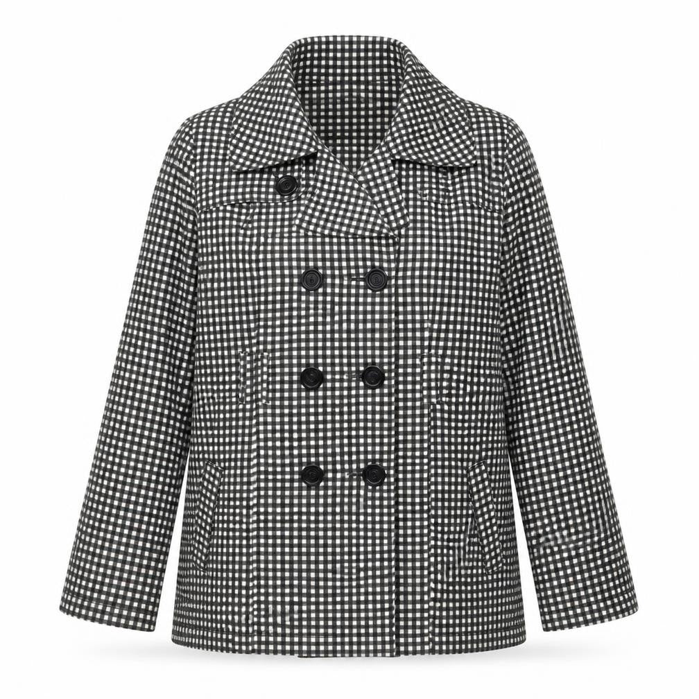 Front view of New Look women’s black check jacket, size UK 14, button