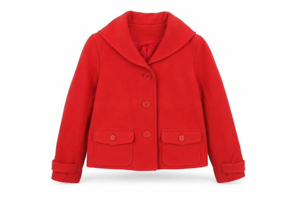 Front view of Jones New York women’s red pea coat coat, size S, button