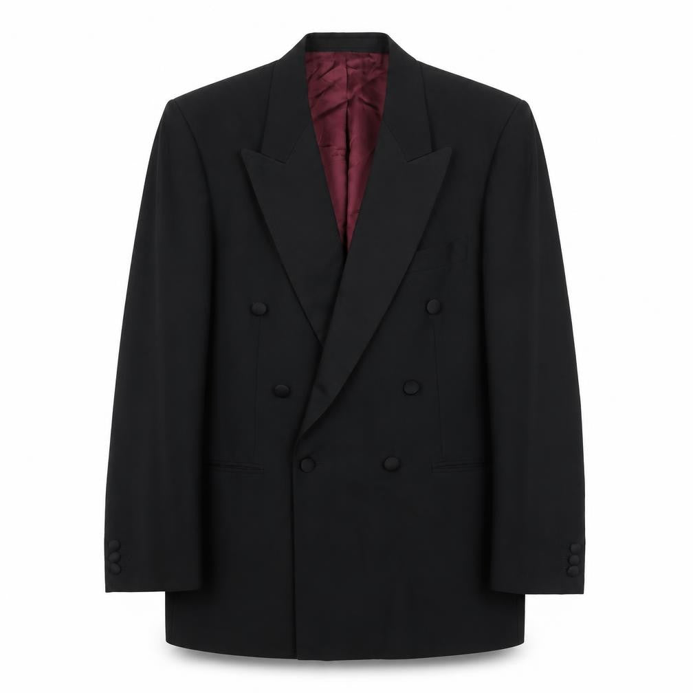 Front view of St Michael men’s black polyester tuxedo suit jacket, size 40, regular - satin lapel
