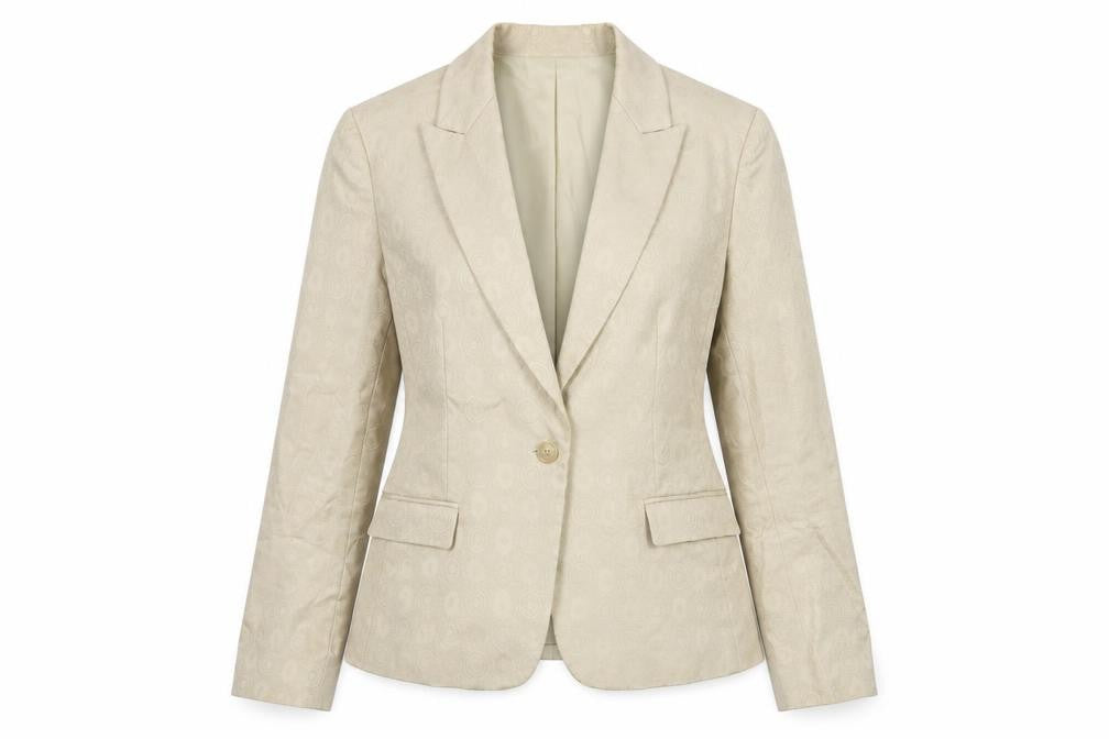 Front view of Tahari women’s beige geometric cotton jacket suit jacket, size UK 10