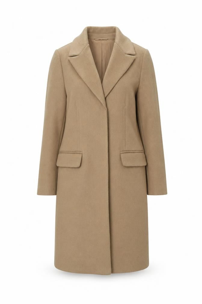 Front view of Marks & Spencer women’s brown overcoat coat, size UK 10, snap