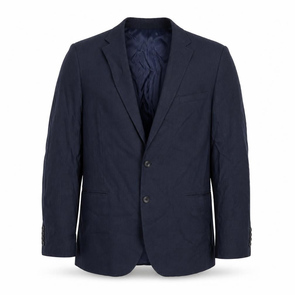 Front view of Marks & Spencer men’s blue polyester jacket suit jacket, size 44, regular