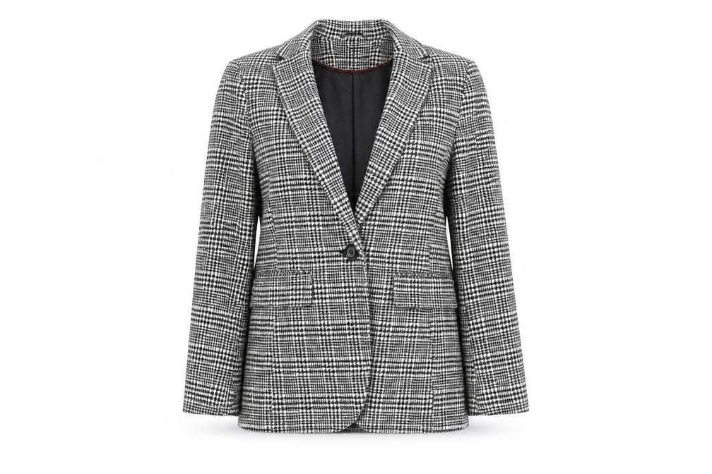 Front view of New Look women’s black check jacket blazer, size UK 10, button