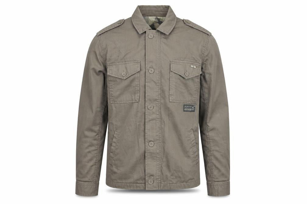 Front view of Life & Glory men’s brown military jacket jacket, size L, zip - logo