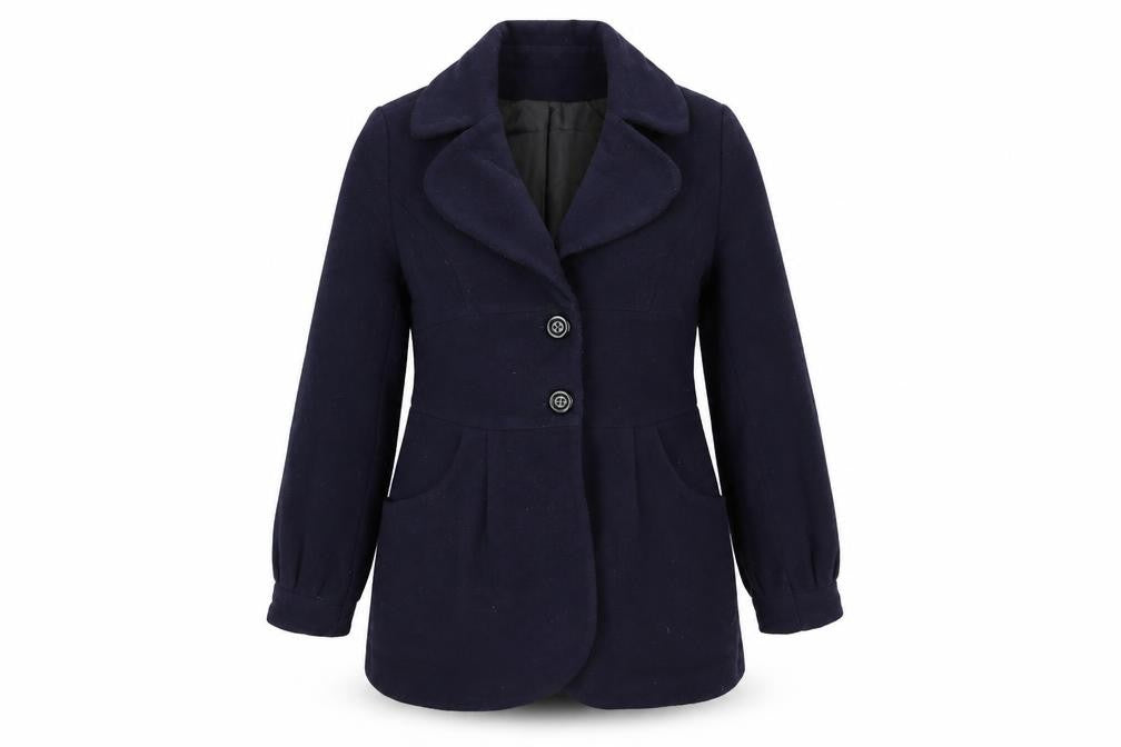 Front view of Sailor women’s blue overcoat coat, size UK 16, button