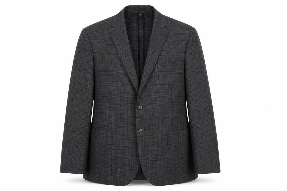 Front view of Marks & Spencer men’s grey check polyester jacket suit jacket, size 46, regular - unlined