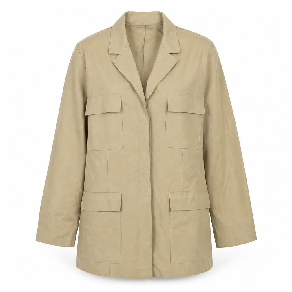 Front view of Liz Claiborne women’s beige jacket, size UK 6, snap