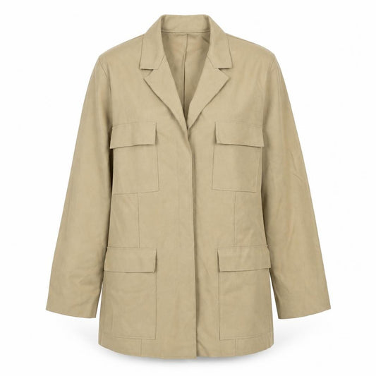 Front view of Liz Claiborne women’s beige jacket, size UK 6, snap