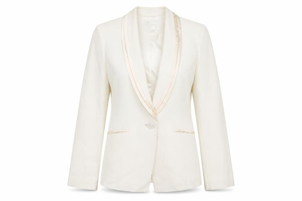 Front view of Planet women’s white acetate jacket suit jacket, size UK 8, - satin detail