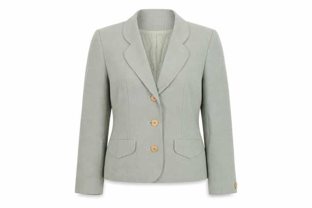 Front view of Etam women’s green jacket blazer, size UK 14, button
