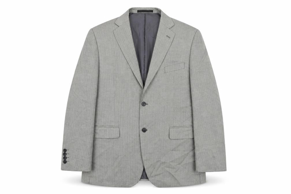 Front view of Marks & Spencer men’s grey herringbone polyester jacket suit jacket, size 44, regular
