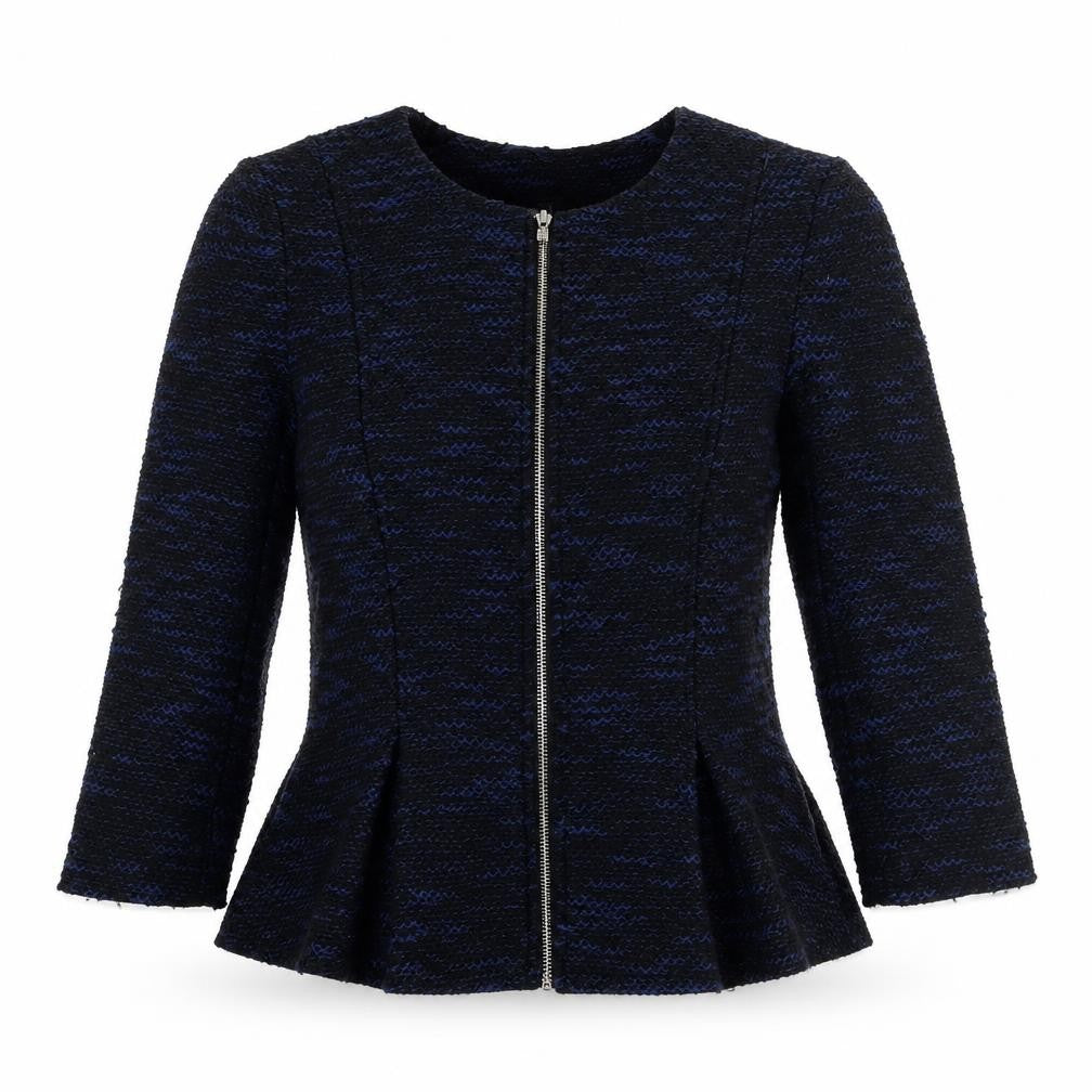 Front view of Divided by H&M women’s blue geometric jacket, size UK 12, zip - peplum