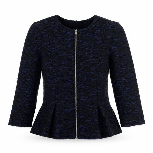 Front view of Divided by H&M women’s blue geometric jacket, size UK 12, zip - peplum