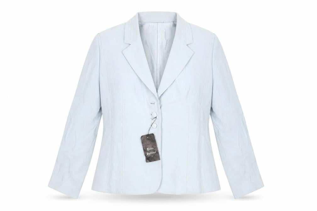 Front view of Tom Bowker women’s blue jacket, size L, button - beading mesh detail estimated size