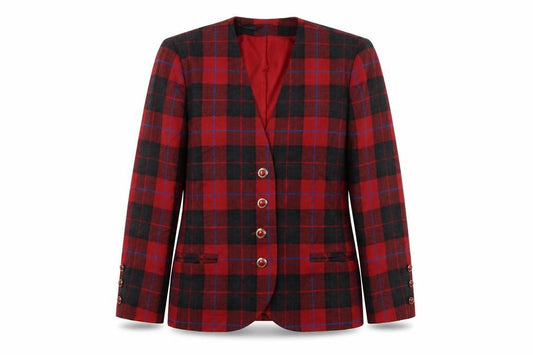 Front view of Jean Amol women’s red check jacket, size UK 12, button