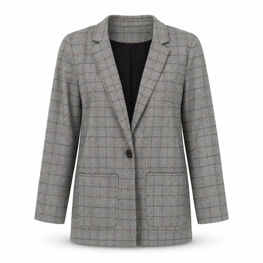 Front view of Divided by H&M women’s grey check jacket blazer, size XS, button