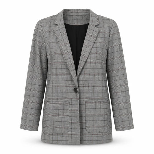 Front view of Divided by H&M women’s grey check jacket blazer, size XS, button